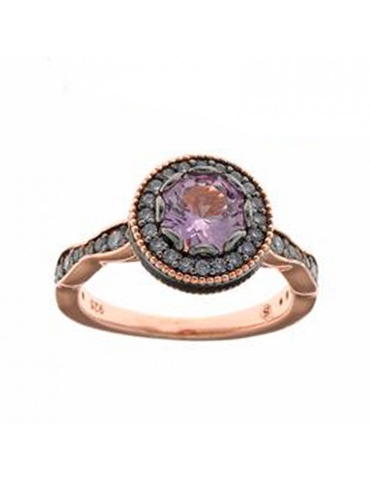Salvatore Plata Ring - Vibrant in 925% Rose Gold Silver with Pink and Lavender Zircons - Size 16 - 0