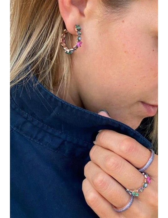 Salvatore Plata Earrings - Genuine in 925% Silver Rose Gold Circle with Colored Stones - 0