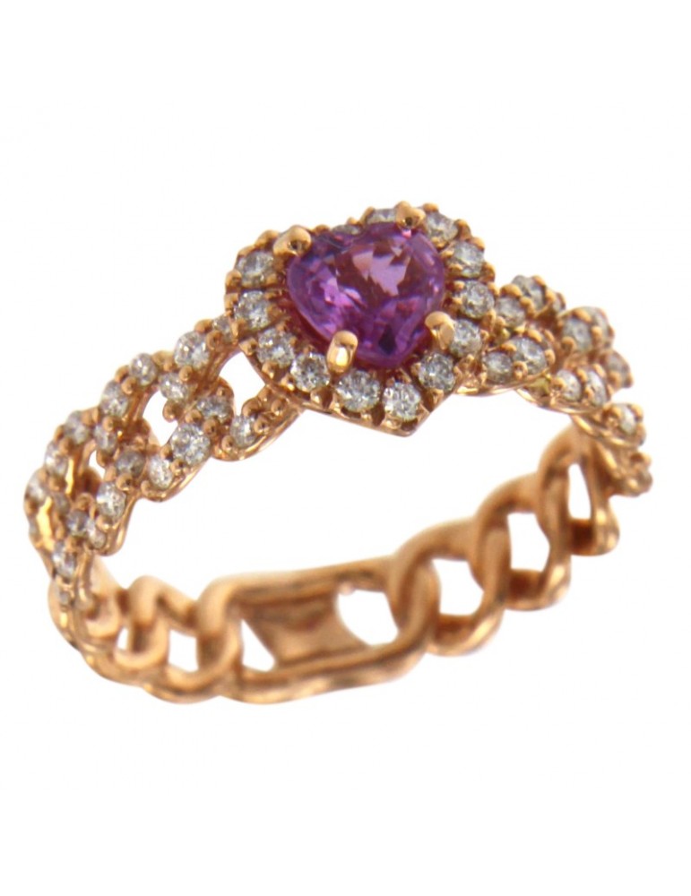 Buonocore Ring - Noon Groumette in 18K Rose Gold Heart with White Diamonds and Pink Sapphire 0.55 ct - 0