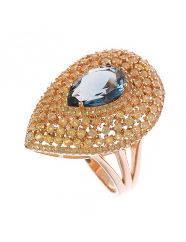 Salvatore Plata Ring - Afternoon in 925% Rose Gold Silver with Yellow Zircons and Green Water Stone - Size 14 - 0