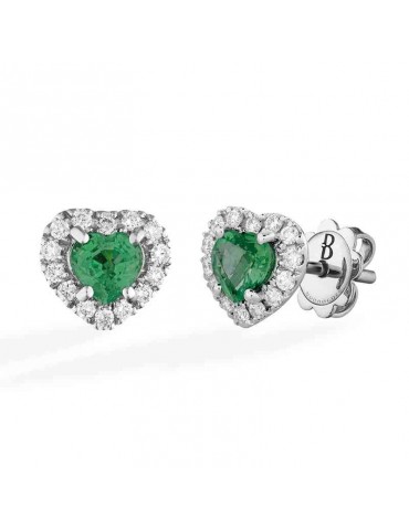 Buonocore - Classic 18K White Gold Heart Earrings with Natural Diamonds and Emeralds - 0