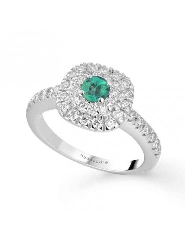 Buonocore - Classic Ring in 18K White Gold with White Diamonds and 0.18 ct Emerald - 0