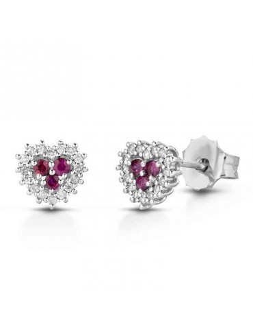 Lelune Diamonds Woman's Earrings - Heart in 18K White Gold with Diamonds and Rubies 0.15 carat - 0