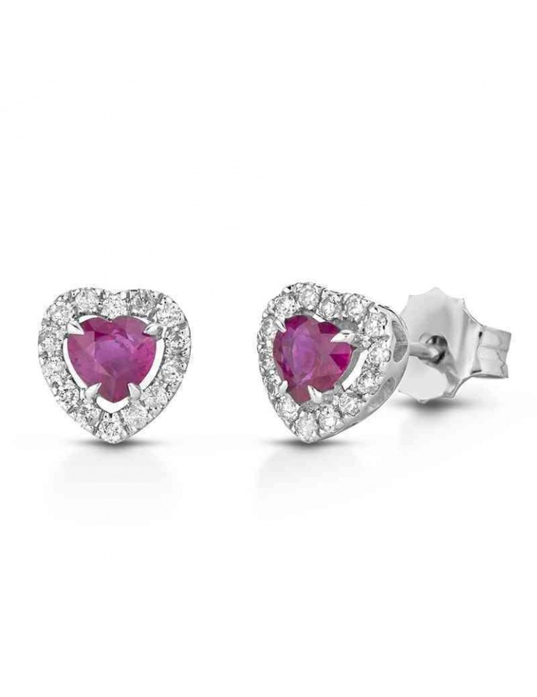 Lelune Diamonds Woman's Earrings - Heart in 18K White Gold with Diamonds and Rubies 0.63 ct - 0