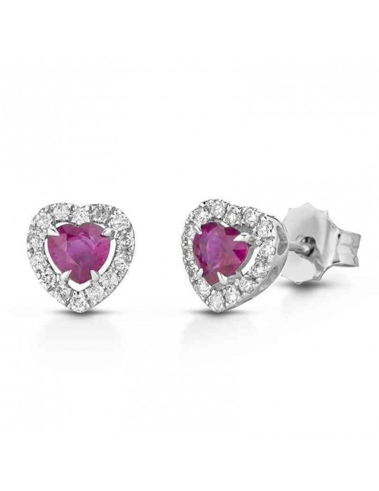 Lelune Diamonds Woman's Earrings - Heart in 18K White Gold with Diamonds and Rubies 0.63 ct - 0