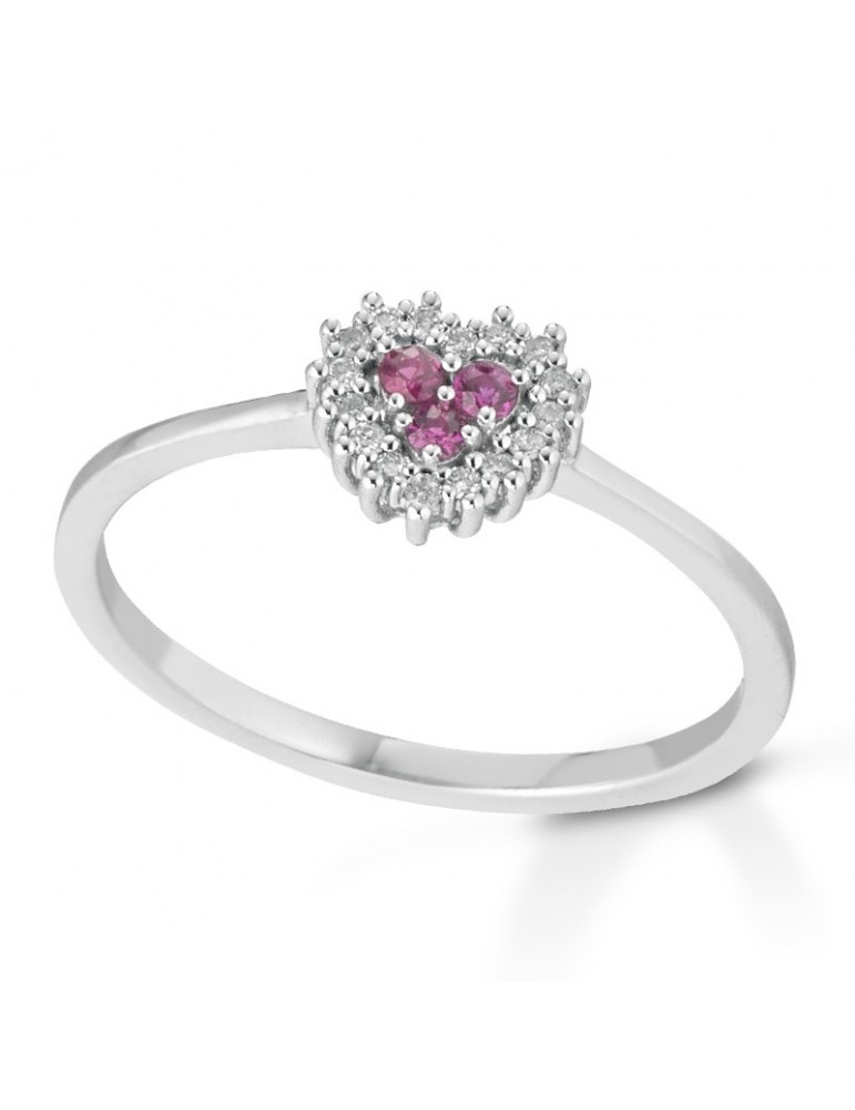 Lelune Diamonds Woman's Ring - Heart in 18K White Gold with Diamonds and Rubies 0.08 carats - 0