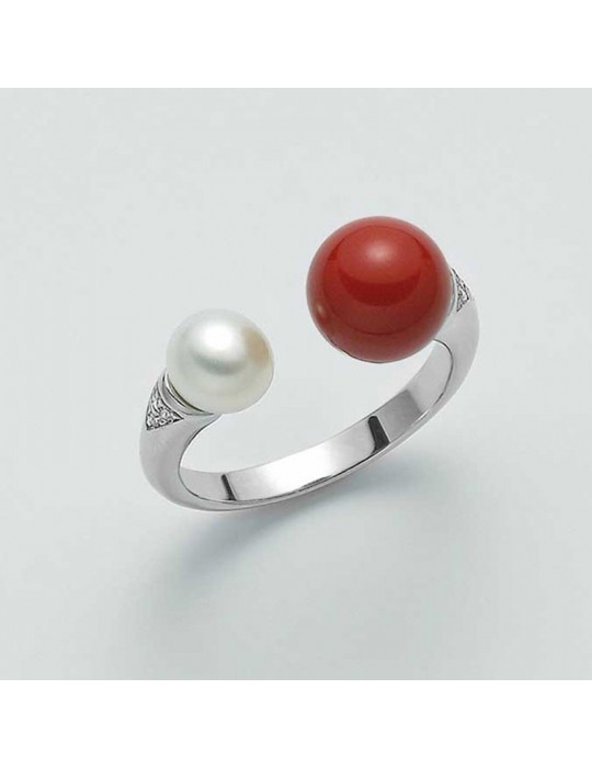 Miluna Ring - Contrariè Land and Sea in 925% Silver with Pearl and Red Coral Agglomerate - 0