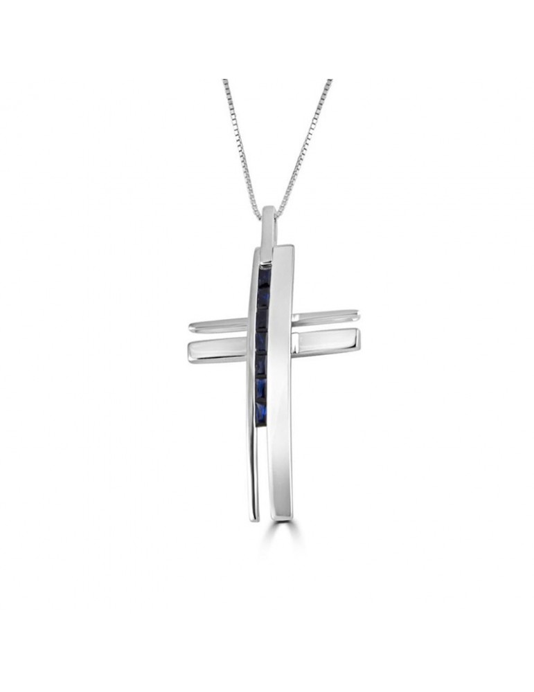 Salvini Necklace - in 18K White Gold with Cross Pendant and Blue Sapphires - 0
