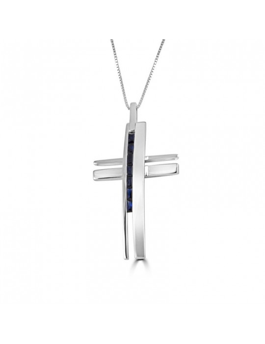 Salvini Necklace - in 18K White Gold with Cross Pendant and Blue Sapphires - 0
