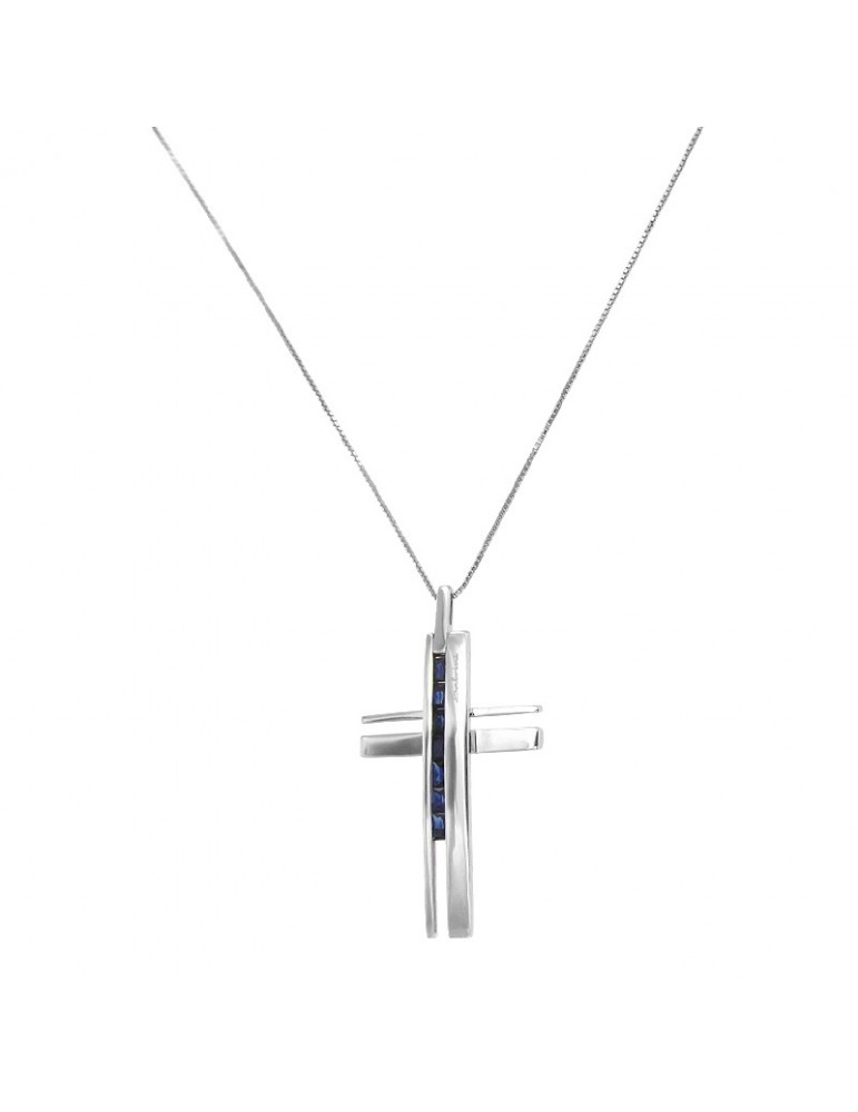 Salvini Necklace - in 18K White Gold with Cross Pendant and Blue Sapphires - 0