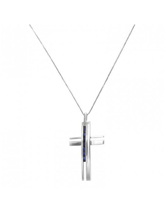 Salvini Necklace - in 18K White Gold with Cross Pendant and Blue Sapphires - 0