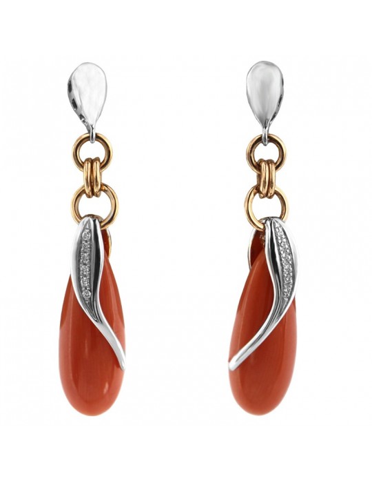 Silvia Kelly Earrings - 18K White Gold Drop Pendants with Red Coral and Natural Diamonds 0.06 ct - 0