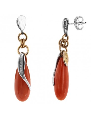 Silvia Kelly Earrings - 18K White Gold Drop Pendants with Red Coral and Natural Diamonds 0.06 ct - 0 2