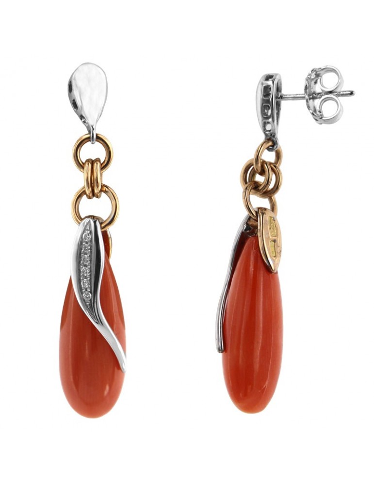 Silvia Kelly Earrings - 18K White Gold Drop Pendants with Red Coral and Natural Diamonds 0.06 ct - 0