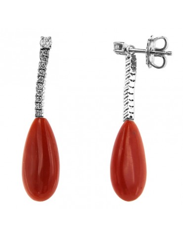 Silvia Kelly Earrings - 18K White Gold Drop Pendants with Red Coral and Natural Diamonds 0.32 ct - 0 2