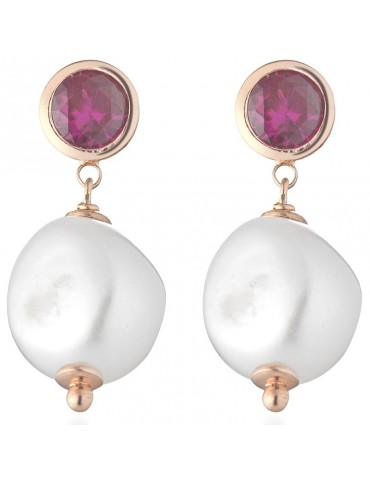Lelune Glamor Earrings for Woman - Cristelle Summer in 925% Rose Gold with Fuchsia Zircons and Freshwater Pearls - 0