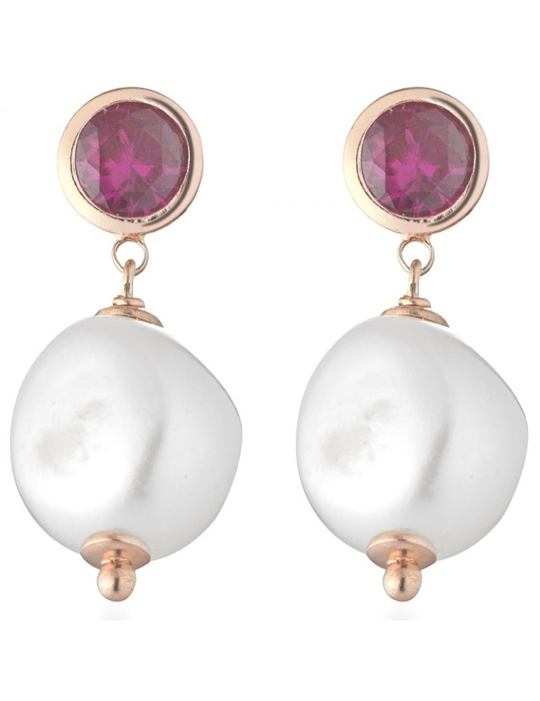 Lelune Glamor Earrings for Woman - Cristelle Summer in 925% Rose Gold with Fuchsia Zircons and Freshwater Pearls - 0