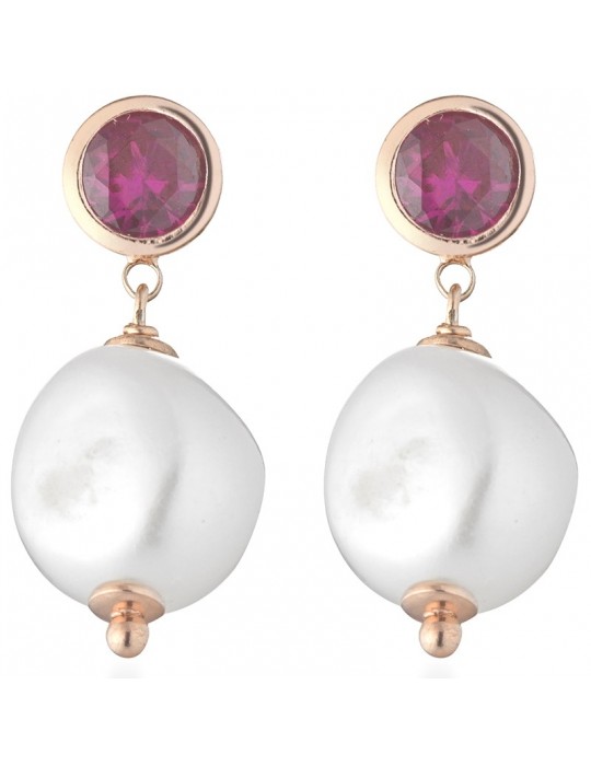 Lelune Glamor Earrings for Woman - Cristelle Summer in 925% Rose Gold with Fuchsia Zircons and Freshwater Pearls - 0 Lelune Glamor Earrings for Woman - Cristelle Summer in 925% Rose Gold with Fuchsia Zircons and Freshwater Pearls - 0