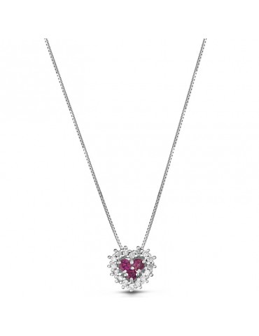 Lelune Diamonds Necklace - Heart Pendant in 18K White Gold with White Diamonds and 0.07 ct Ruby - 0