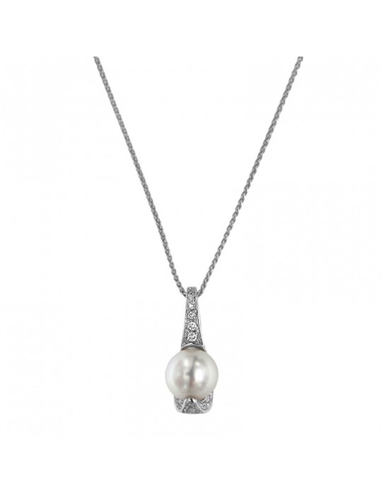 Nimei Necklace for Woman - in 18K White Gold with Australian Pearl 10-11mm and Natural Diamonds - 0