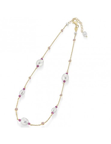 Necklace Lelune Glamour-Cristelle Summer-Gold-Pink Zircons-Pearls-LGNK5102