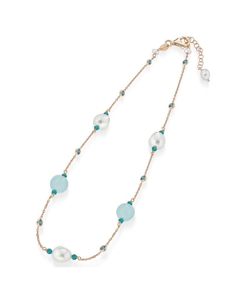 Collana Lelune Glamour - Rosè -Zirconi Turchesi-Giada Azzurra-LGNK5161