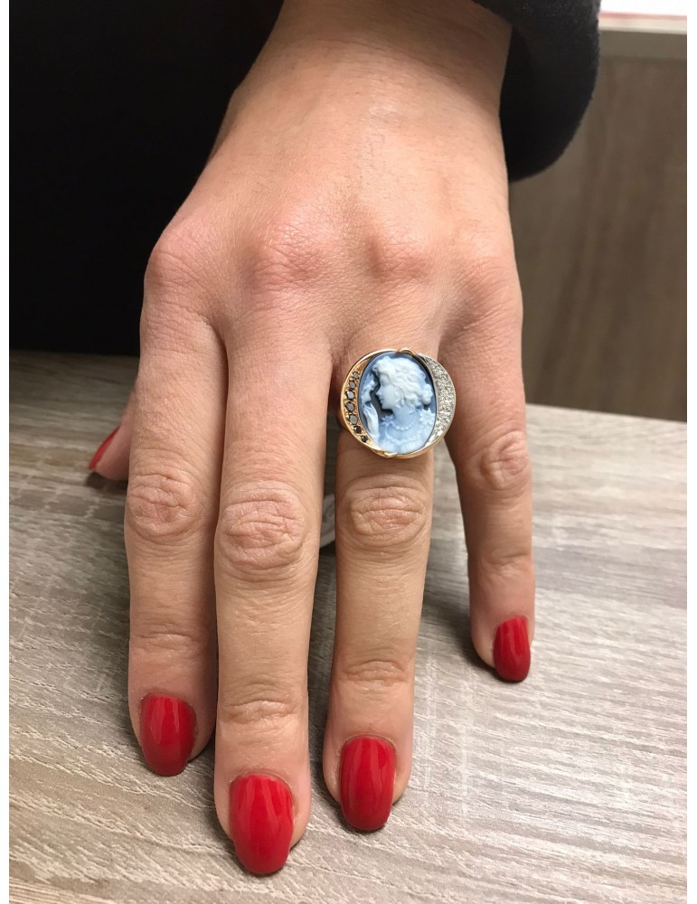 Silvia Kelly Ring - in 18K Rose Gold with Cameo and Natural Diamonds 0.15 ct - 0