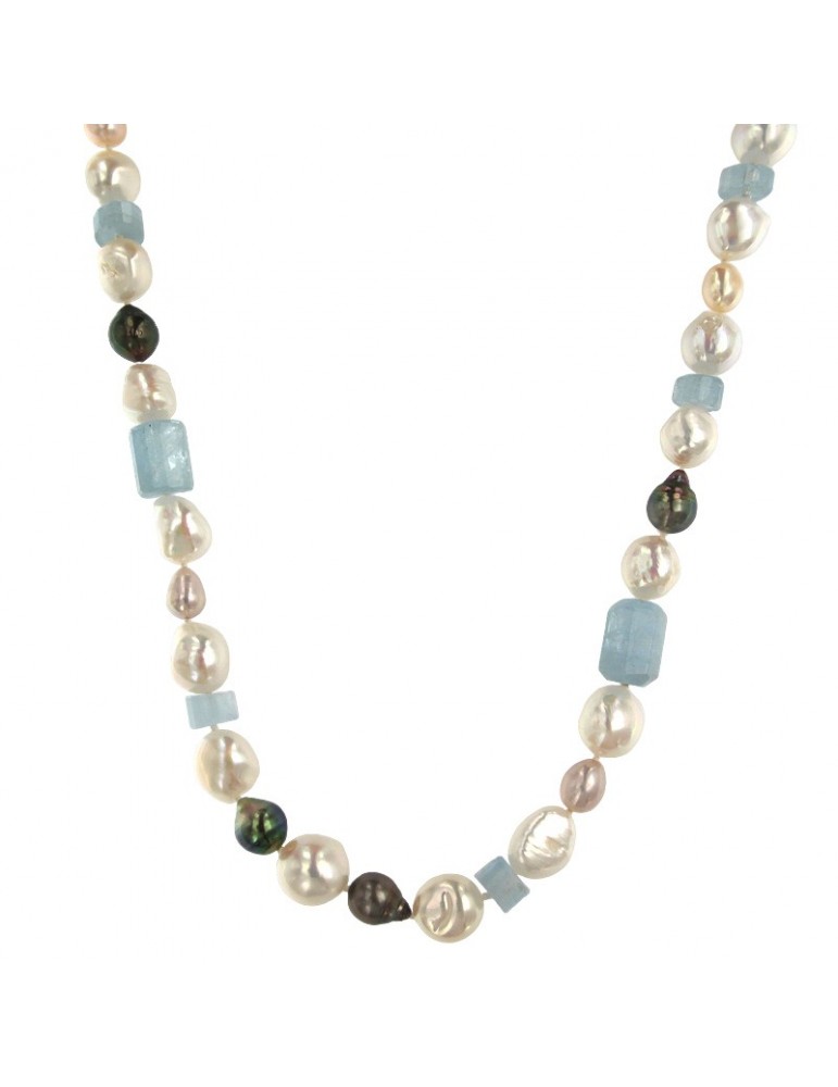 Silvia Kelly Necklace - with Pearls and Aquamarine 90cm - 0