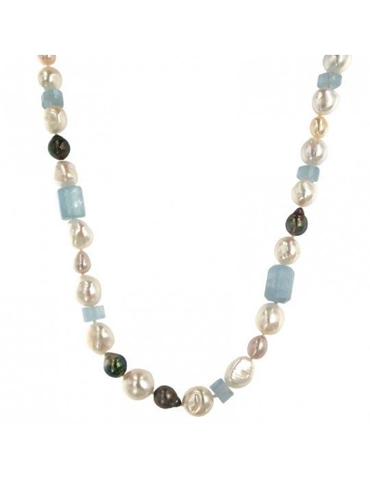 Silvia Kelly Necklace - with Pearls and Aquamarine 90cm - 0