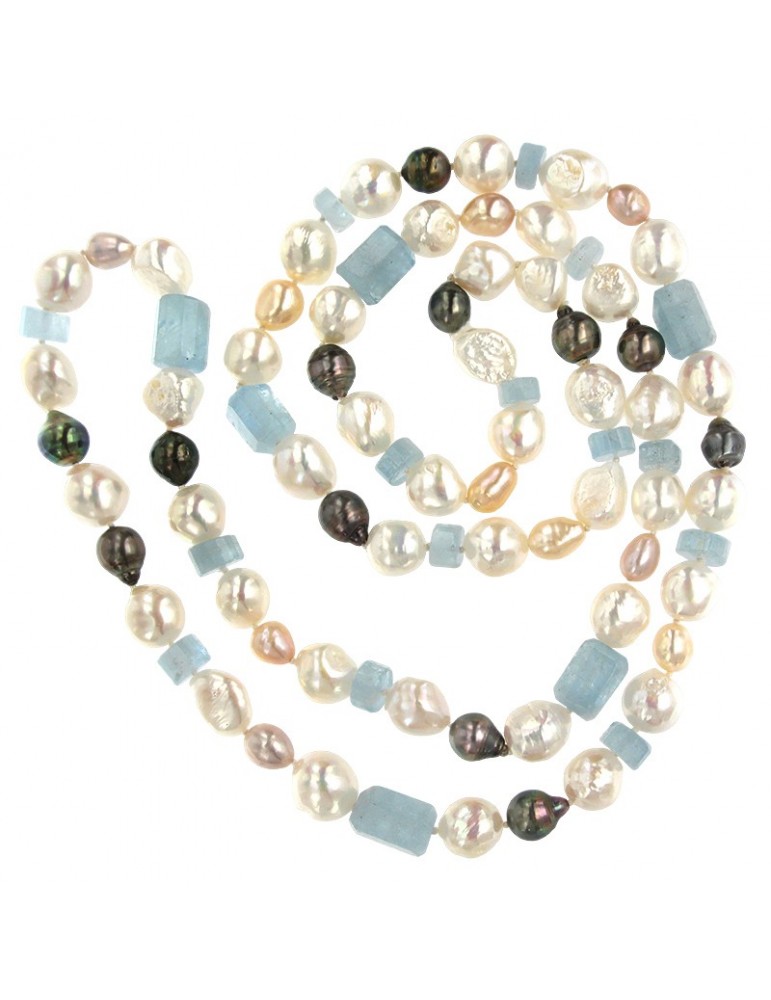 Silvia Kelly Necklace - with Pearls and Aquamarine 90cm - 0