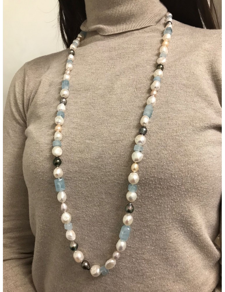 Collana Silvia Kelly - con Perle ed Acquamarina 90 centimetri