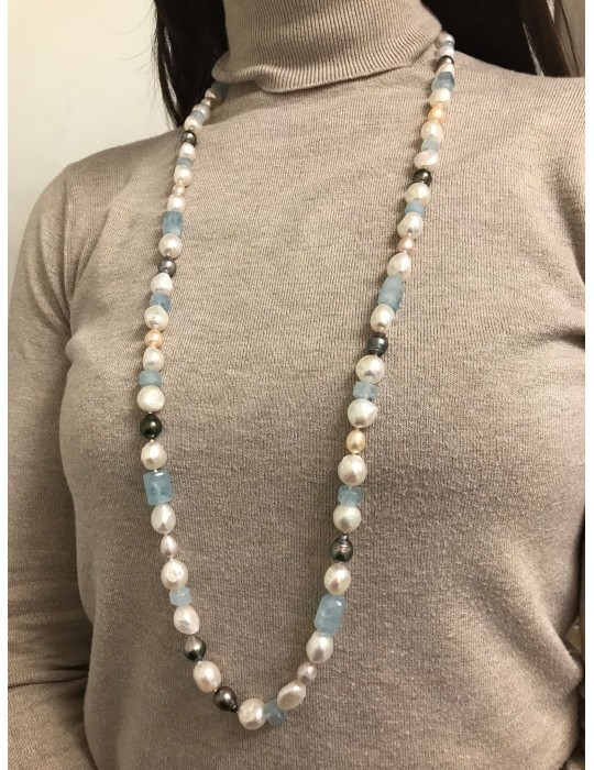 Collana Silvia Kelly - con Perle ed Acquamarina 90 centimetri