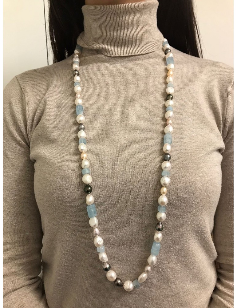 Silvia Kelly Necklace - with Pearls and Aquamarine 90cm - 0