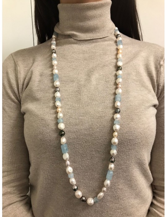 Silvia Kelly Necklace - with Pearls and Aquamarine 90cm - 0