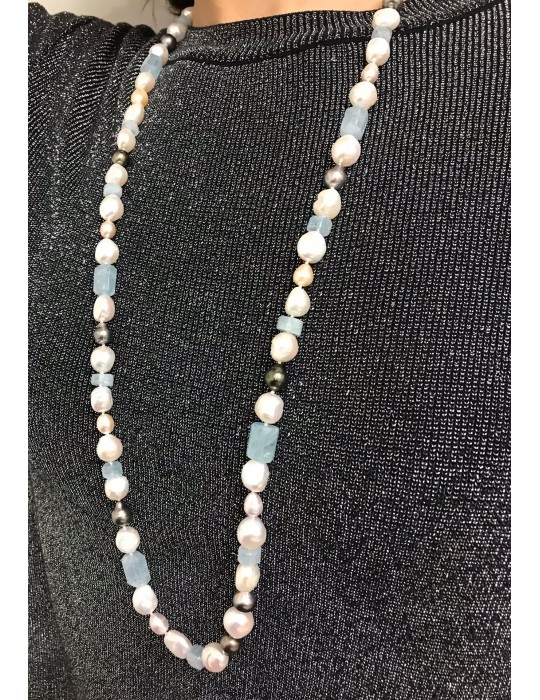 Silvia Kelly Necklace - with Pearls and Aquamarine 90cm - 0