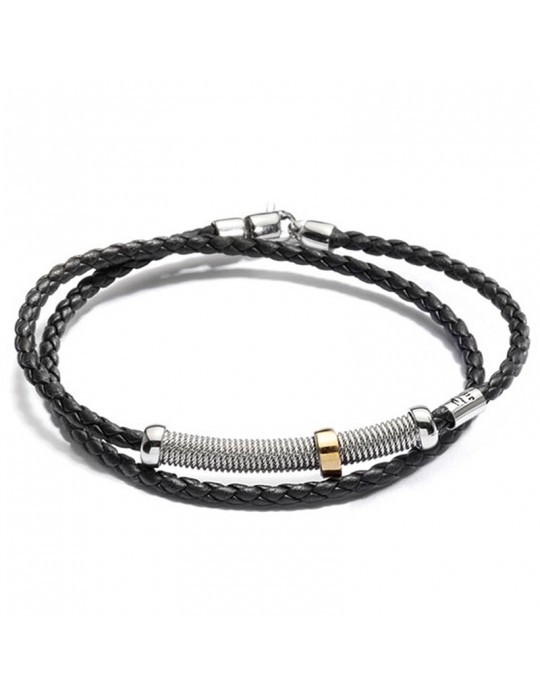 Salvatore Bersani Men's Bracelet - with Black Leather and Central Plate with Yellow Gold Element - 0