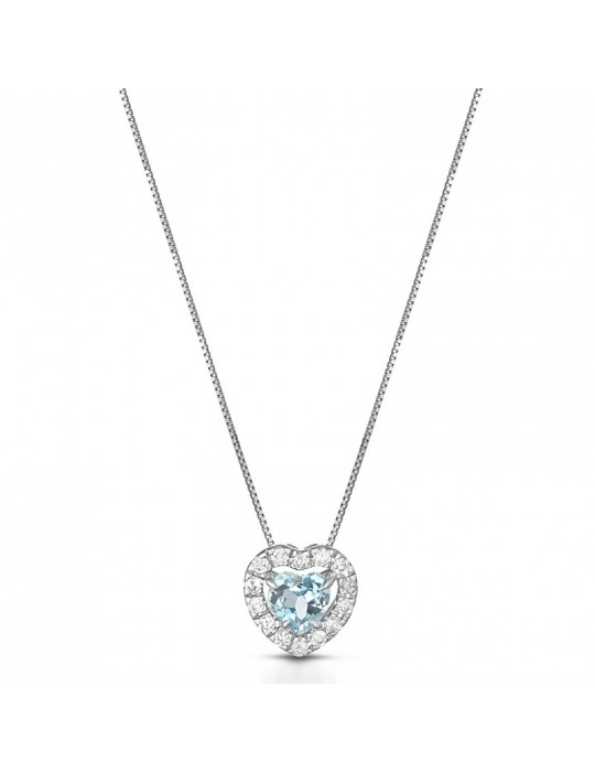Lelune Diamonds Woman's Necklace - in 18K White Gold with Heart in Diamonds and 0.24 carat Aquamarine - 0 Lelune Diamonds Woman's Necklace - in 18K White Gold with Heart in Diamonds and 0.24 carat Aquamarine - 0