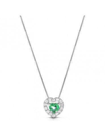 Lelune Diamonds Woman's Necklace - in 18K White Gold with Heart in Diamonds and 0.18 carat Emerald - 0