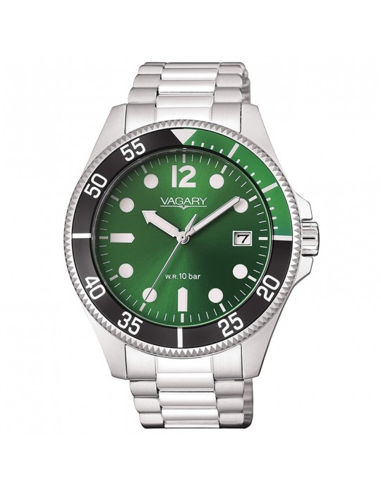 Vagary Watch - Aqua39 - Time and Date - Silver-41mm-Green-VD5-112-41