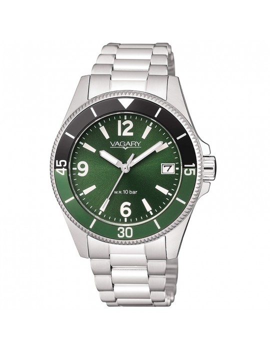 Vagary Watch Aqua39 Time and Date Silver-37mm-Green-VD5-210-41
