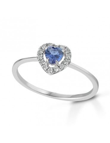 Lelune Diamonds Woman's Ring - Heart in 18K White Gold with Diamonds and 0.29 carat Sapphire - 0