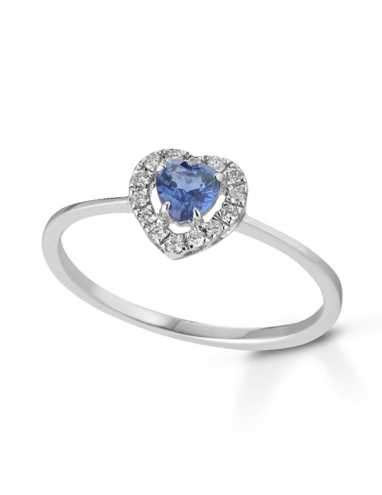 Lelune Diamonds Woman's Ring - Heart in 18K White Gold with Diamonds and 0.29 carat Sapphire - 0 Lelune Diamonds Woman's Ring - Heart in 18K White Gold with Diamonds and 0.29 carat Sapphire - 0