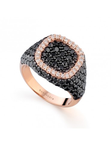 Buonocore Ring - Seal Pavè in 18K Rose Gold Seal with White Diamonds and Black Diamonds - 0