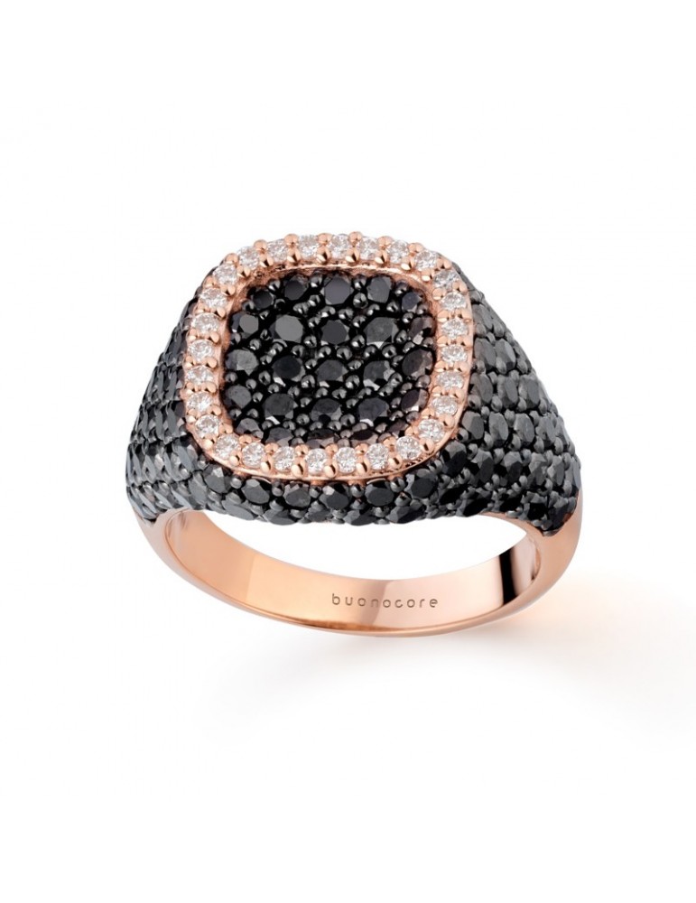 Buonocore Ring - Seal Pavè in 18K Rose Gold Seal with White Diamonds and Black Diamonds - 0