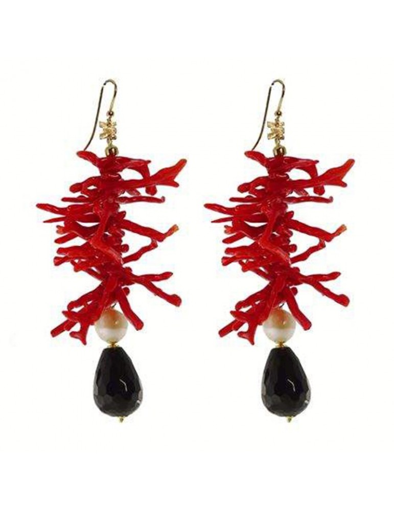 Rajola Earrings - Licata - Red Coral - Black Onyx - 4511130