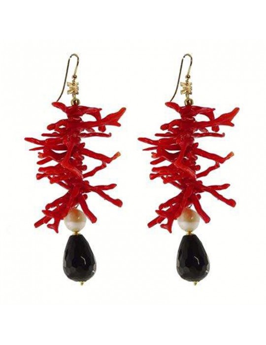 Rajola Earrings - Licata - Red Coral - Black Onyx - 4511130