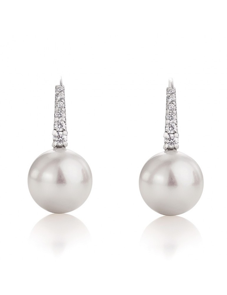 Coscia Earrings for Woman - Pendants in 18K White Gold with 11-12mm Freshwater Pearls and 0.23 Ct Diamonds - 0