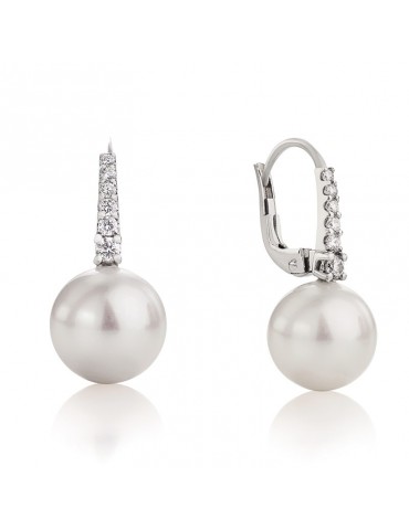 Coscia Earrings for Woman - Pendants in 18K White Gold with 11-12mm Freshwater Pearls and 0.23 Ct Diamonds - 0 2