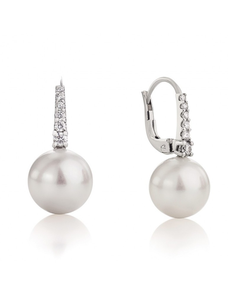 Coscia Earrings for Woman - Pendants in 18K White Gold with 11-12mm Freshwater Pearls and 0.23 Ct Diamonds - 0
