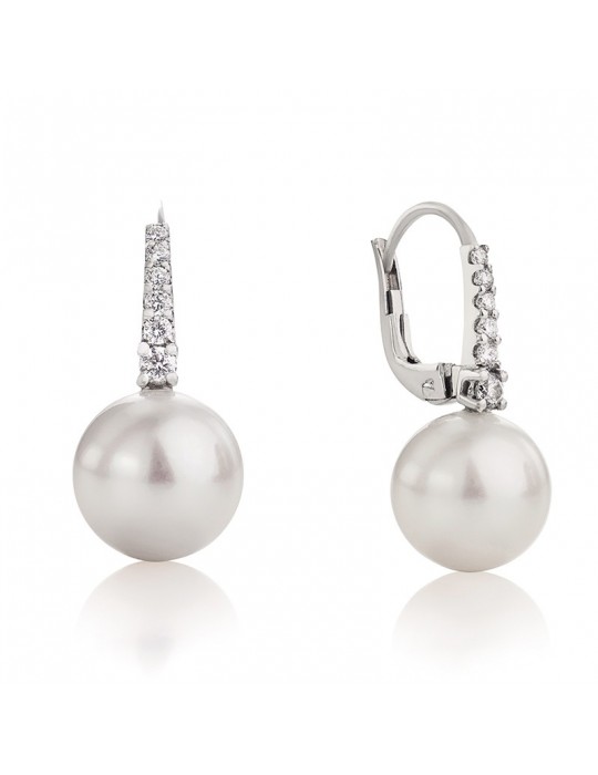 Coscia Earrings for Woman - Pendants in 18K White Gold with 11-12mm Freshwater Pearls and 0.23 Ct Diamonds - 0
